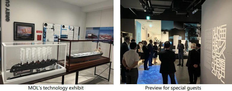 Left: Display of MOL’s ship models and technological advancements. Right: Group of people previewing an exhibition in a dimly lit room.
