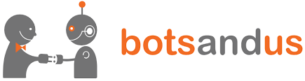 Two gray robot illustrations shaking hands with the text "botsandus" in gray and orange on a white background.