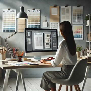 Person seated at a desk working on graphic design on a computer. Walls are decorated with various color swatches and design posters. Art supplies are organized on the desk.