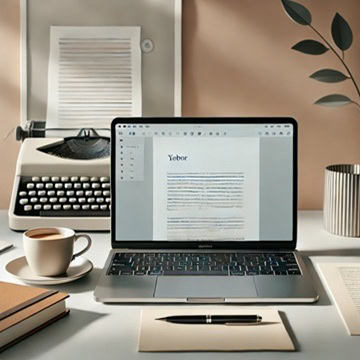 Laptop displaying a document on a desk with a typewriter, a cup of coffee, a notebook, and a pen. Decorative leaf accents in the background.