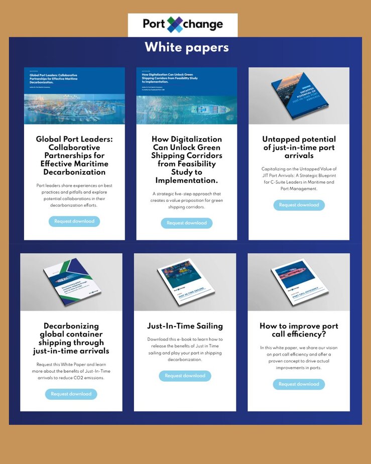 Display of six maritime decarbonization white papers with titles and "Request download" buttons, under the heading "PortXchange White Papers".