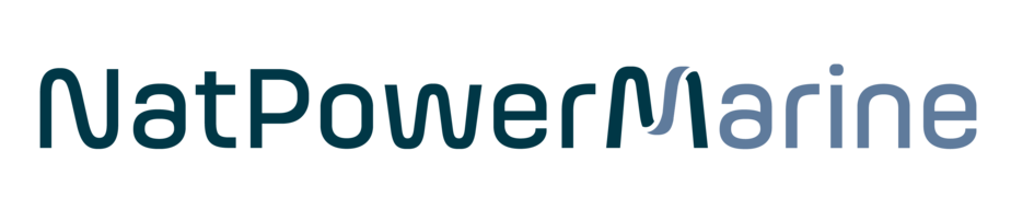 The logo features the text "NatPower Marine" in a modern, rounded font with a gradient from dark teal to light blue.