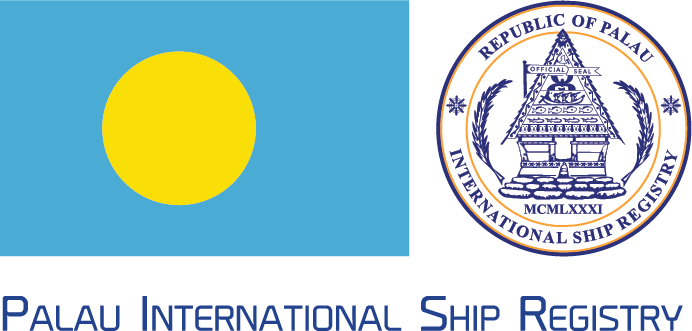 The image shows the flag of Palau next to the official seal of the Republic of Palau International Ship Registry, with the registry name written below.