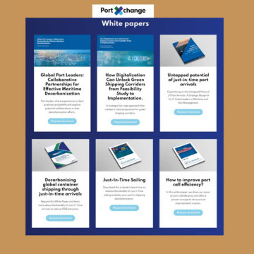 A display of six white paper titles from PortXchange on topics like maritime decarbonization and port efficiency, each accompanied by a "Request white paper" button.