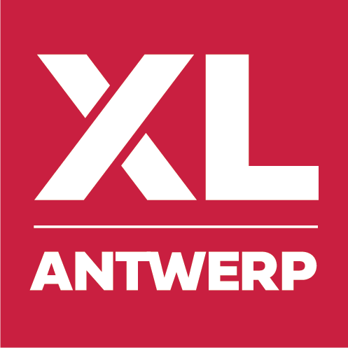 White "XL" text above a horizontal line, with "ANTWERP" in bold white letters below, on a red background.