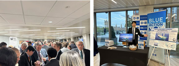 Two images: Left, a crowd of people networking at an indoor event. Right, a man stands at a BLUE ACTION MARINA exhibit table promoting marine-assisted developments.